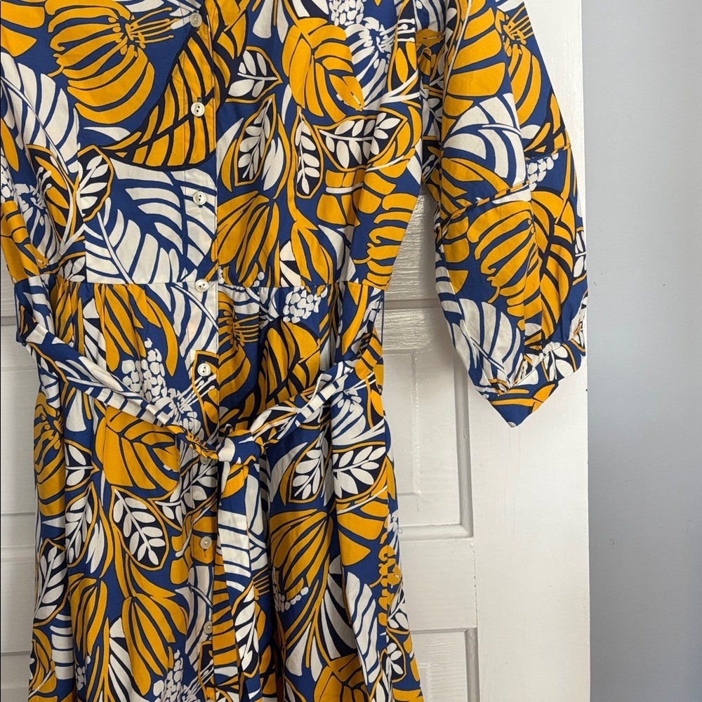 Talbots Yellow and Blue Leaf Print Long Sleeve Dress - Picture 4 of 5